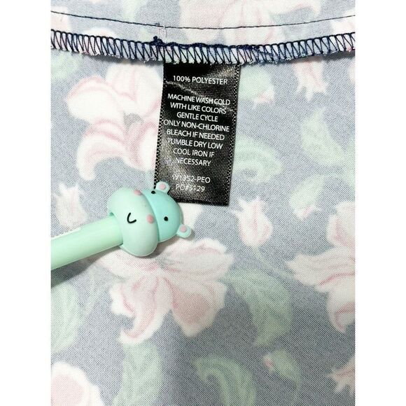 Betabrand Women's Floral Wrap Side Tie Bell‎ Sleeve Blouse Navy Pink Size Large - Picture 10 of 11